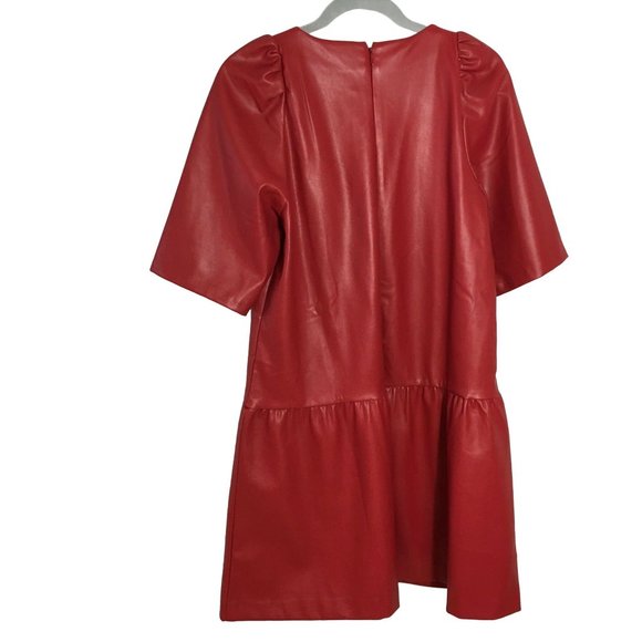 Ann Taylor 8 Red Faux Leather Drop Waist Peplum Shift Dress - Picture 7 of 8
